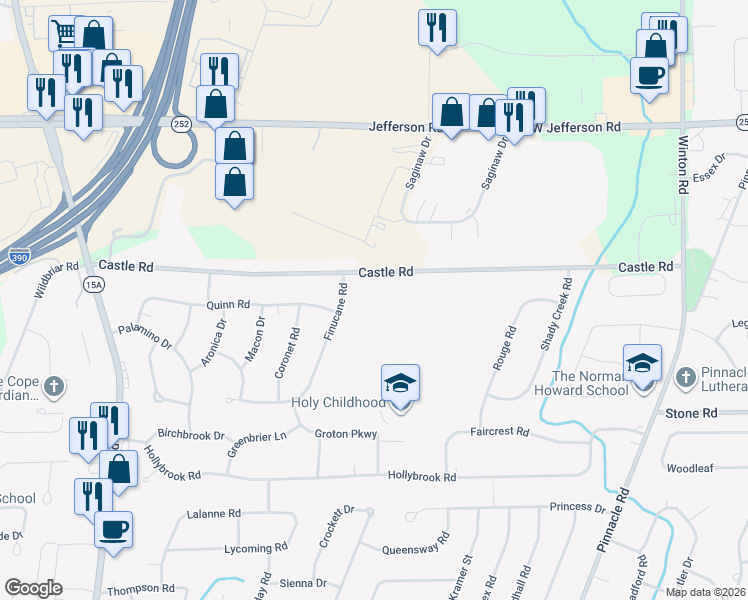 map of restaurants, bars, coffee shops, grocery stores, and more near 245 Castle Road in Rochester