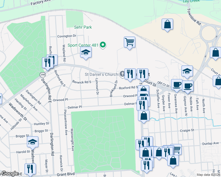 map of restaurants, bars, coffee shops, grocery stores, and more near 521 Roxford Road South in Syracuse