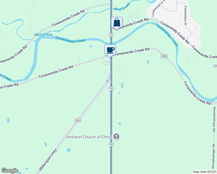 map of restaurants, bars, coffee shops, grocery stores, and more near 5565 Millersport Highway in East Amherst