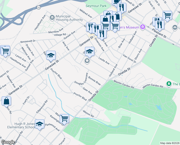 map of restaurants, bars, coffee shops, grocery stores, and more near 58 Ballantyne Brae in Utica