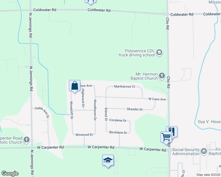 map of restaurants, bars, coffee shops, grocery stores, and more near 3263 Martharose Court in Flint
