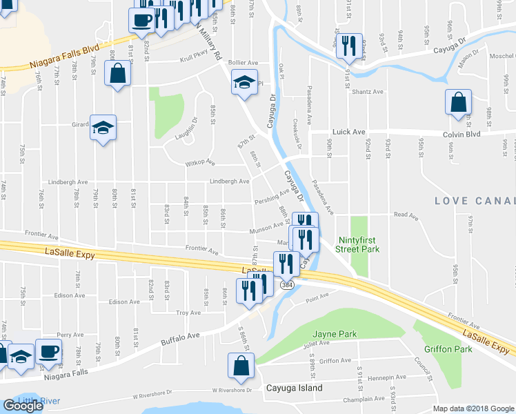 map of restaurants, bars, coffee shops, grocery stores, and more near 735 87th Street in Niagara Falls