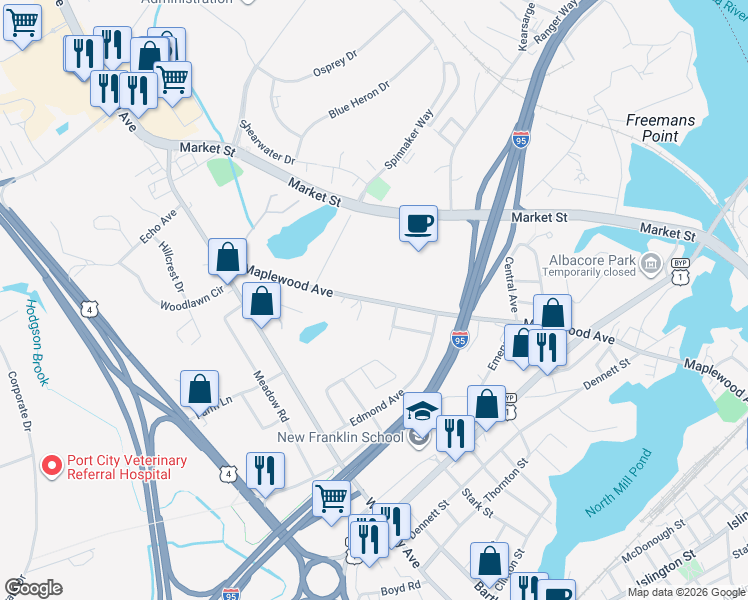 map of restaurants, bars, coffee shops, grocery stores, and more near 939 Maplewood Avenue in Portsmouth