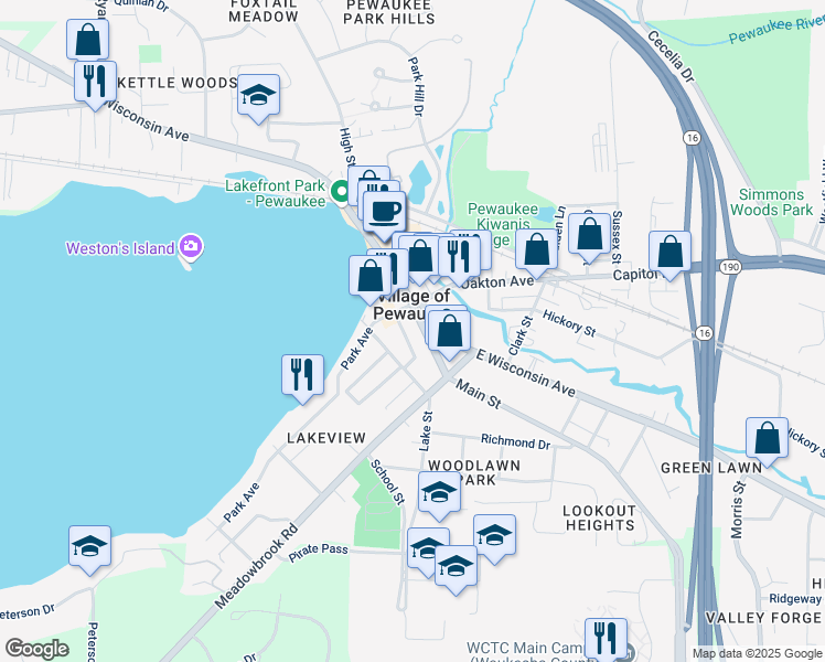 map of restaurants, bars, coffee shops, grocery stores, and more near 126 Main Street in Pewaukee