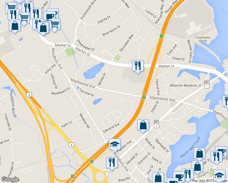 map of restaurants, bars, coffee shops, grocery stores, and more near 940 Maplewood Avenue in Portsmouth