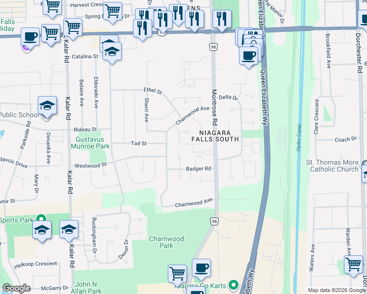 map of restaurants, bars, coffee shops, grocery stores, and more near in Niagara Falls