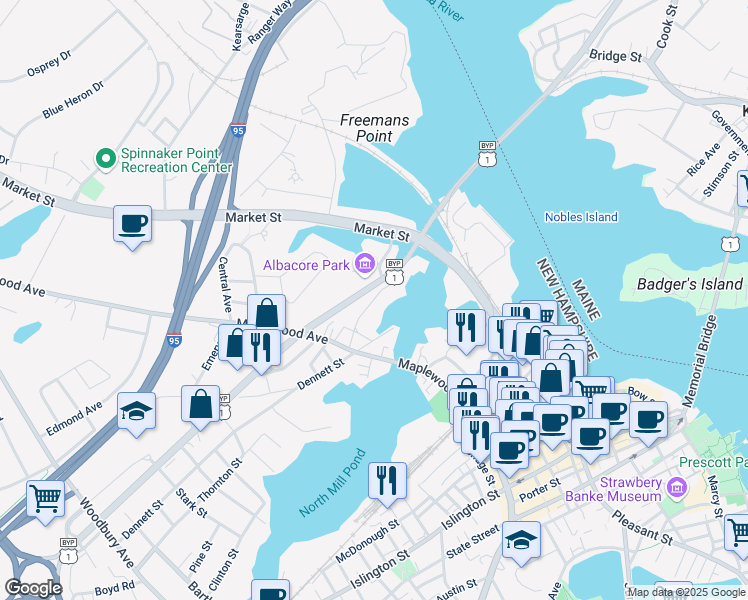 map of restaurants, bars, coffee shops, grocery stores, and more near 136 Northwest Street in Portsmouth