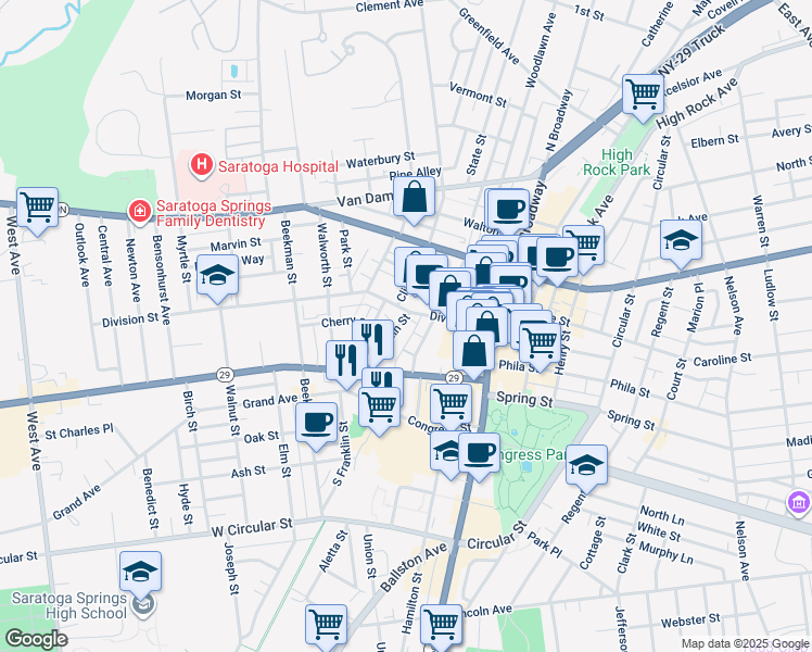 map of restaurants, bars, coffee shops, grocery stores, and more near 2 Franklin Square in Saratoga Springs