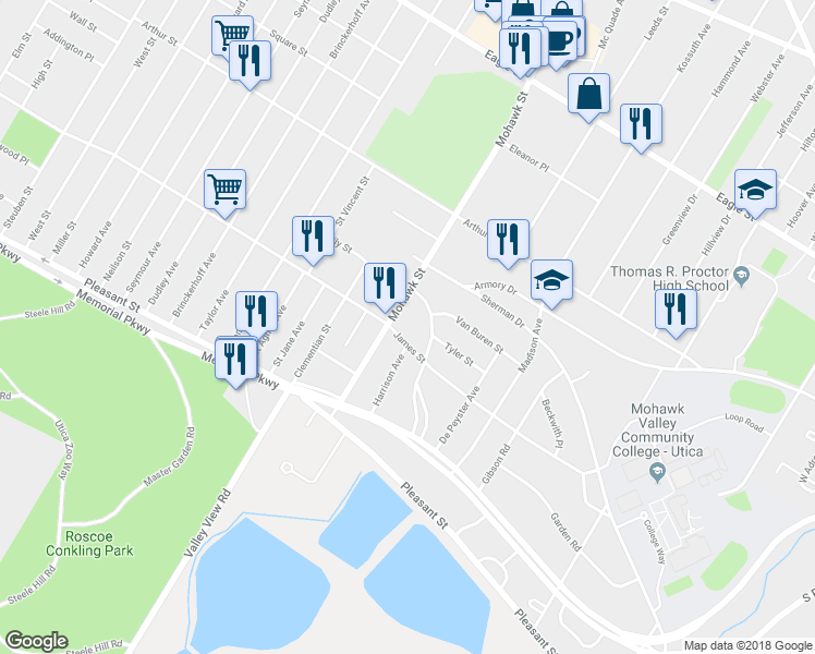 map of restaurants, bars, coffee shops, grocery stores, and more near 703 James Street in Utica