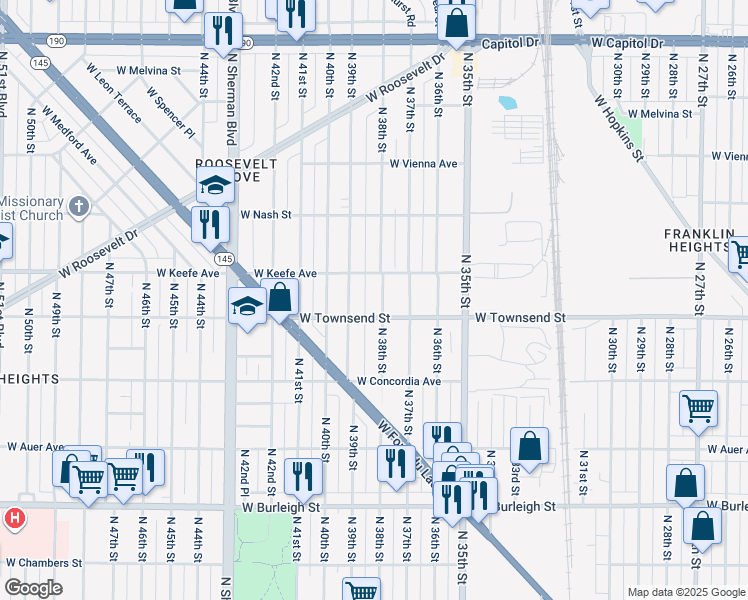 map of restaurants, bars, coffee shops, grocery stores, and more near 3425 North 38th Street in Milwaukee