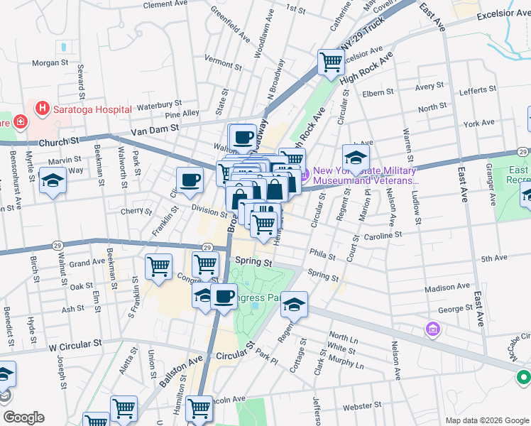 map of restaurants, bars, coffee shops, grocery stores, and more near 30 Caroline Street in Saratoga Springs