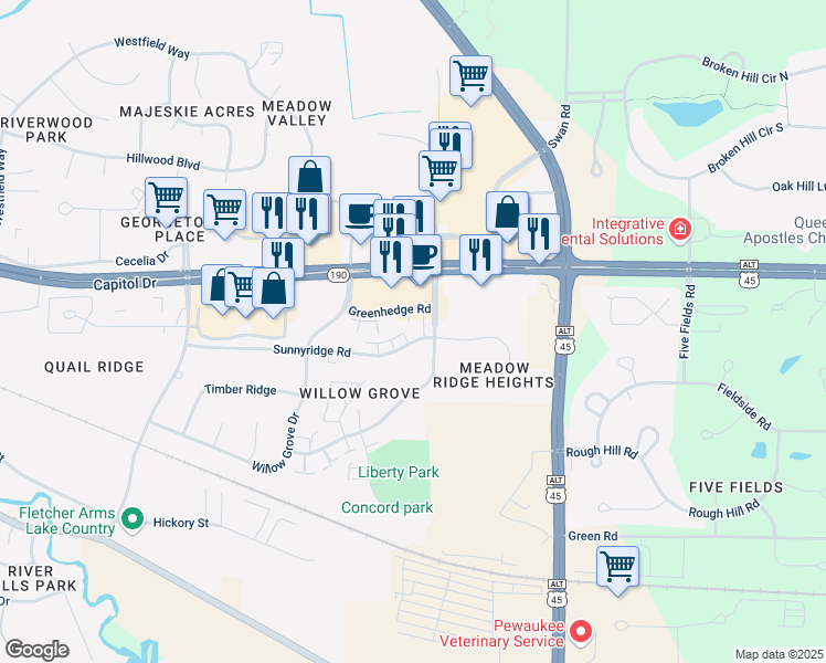 map of restaurants, bars, coffee shops, grocery stores, and more near 1383 Sunnyridge Road in Pewaukee