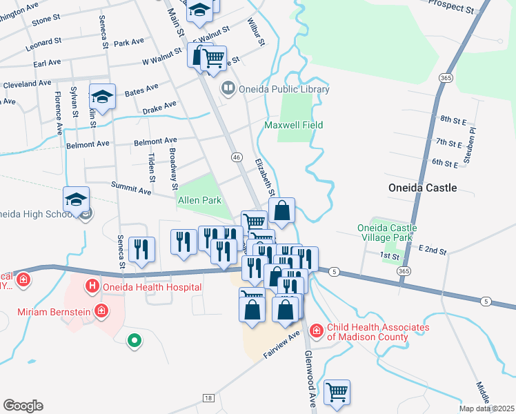 map of restaurants, bars, coffee shops, grocery stores, and more near Elizabeth Street in Oneida