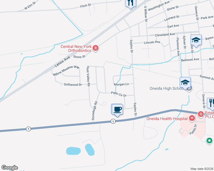 map of restaurants, bars, coffee shops, grocery stores, and more near 145 Hunt Valley Road in Oneida