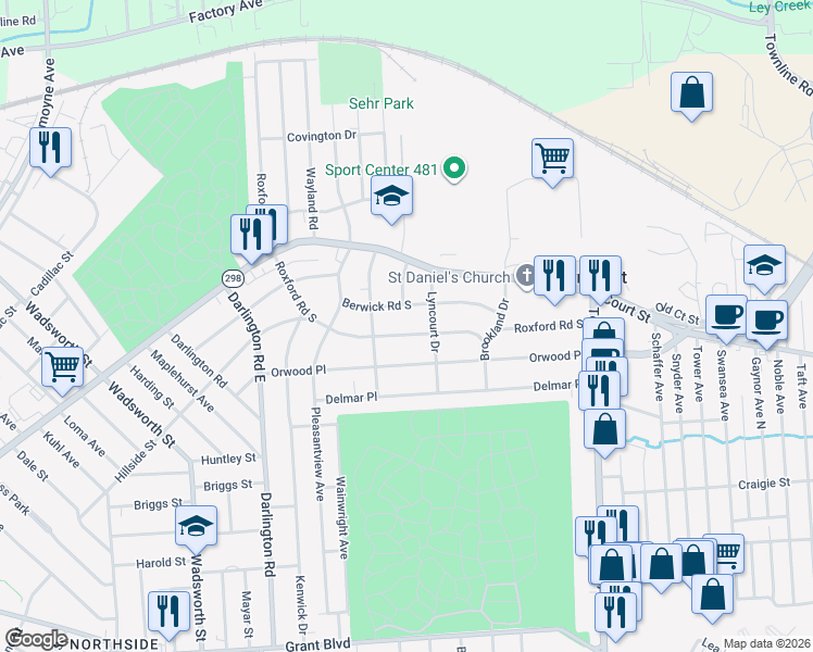 map of restaurants, bars, coffee shops, grocery stores, and more near 421 Roxford Road South in Syracuse