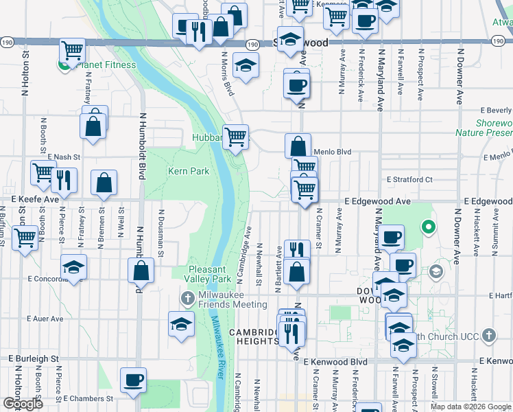 map of restaurants, bars, coffee shops, grocery stores, and more near 3477 North Newhall Street in Milwaukee