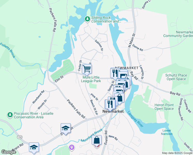 map of restaurants, bars, coffee shops, grocery stores, and more near 45 Elm Street in Newmarket