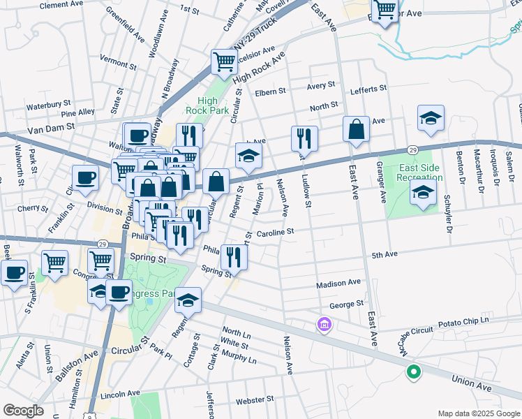 map of restaurants, bars, coffee shops, grocery stores, and more near 12 Marion Place in Saratoga Springs