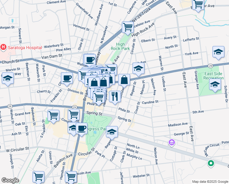 map of restaurants, bars, coffee shops, grocery stores, and more near 66 Caroline Street in Saratoga Springs