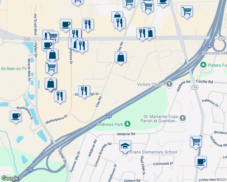 map of restaurants, bars, coffee shops, grocery stores, and more near 400 Clay Road in Rochester