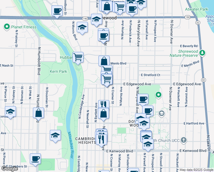 map of restaurants, bars, coffee shops, grocery stores, and more near 3483 North Oakland Avenue in Milwaukee