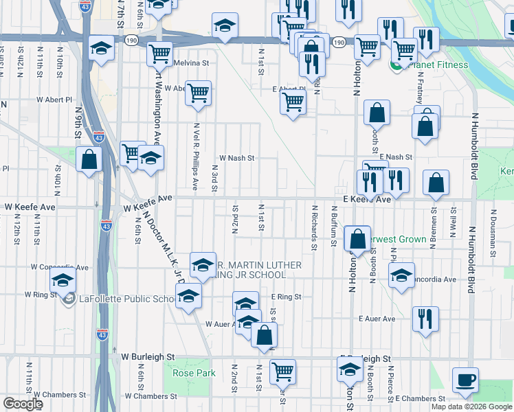 map of restaurants, bars, coffee shops, grocery stores, and more near in Milwaukee