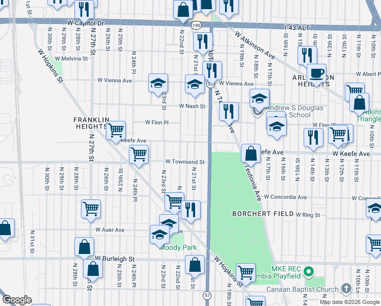 map of restaurants, bars, coffee shops, grocery stores, and more near 3409 North 21st Street in Milwaukee