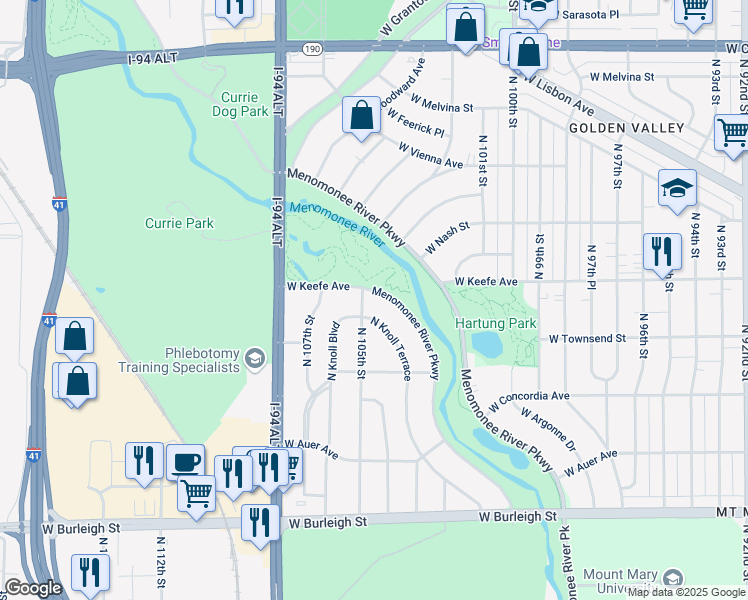map of restaurants, bars, coffee shops, grocery stores, and more near 3360 North Knoll Terrace in Wauwatosa