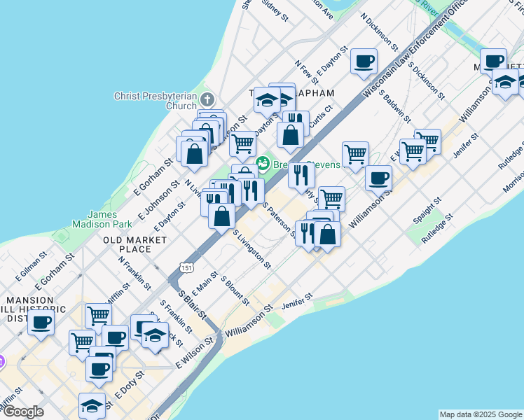 map of restaurants, bars, coffee shops, grocery stores, and more near 841 East Washington Avenue in Madison
