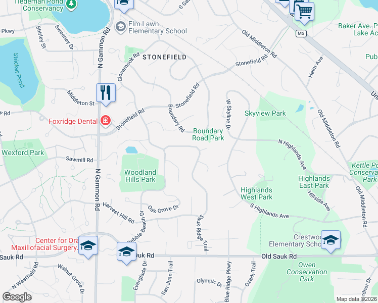 map of restaurants, bars, coffee shops, grocery stores, and more near 934 Sauk Ridge Trail in Madison