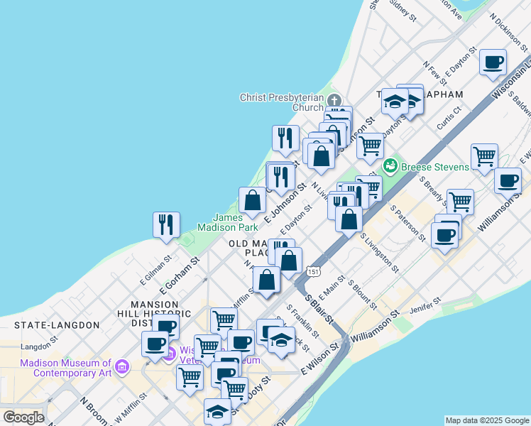 map of restaurants, bars, coffee shops, grocery stores, and more near 640 East Johnson Street in Madison