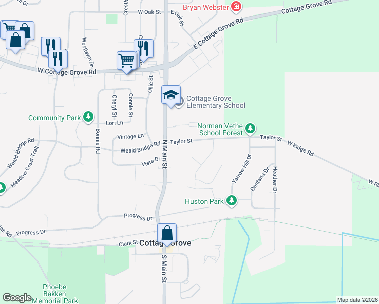 map of restaurants, bars, coffee shops, grocery stores, and more near 115 Arbury Ct in Cottage Grove