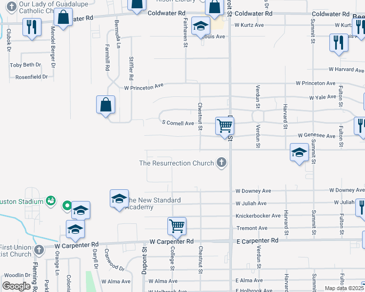 map of restaurants, bars, coffee shops, grocery stores, and more near 1436 West Cass Avenue in Flint