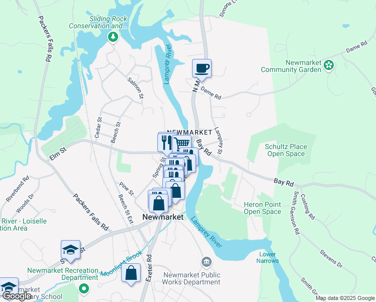 map of restaurants, bars, coffee shops, grocery stores, and more near 70 North Main Street in Newmarket