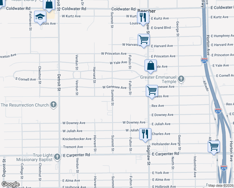 map of restaurants, bars, coffee shops, grocery stores, and more near 1112 West Cass Avenue in Flint