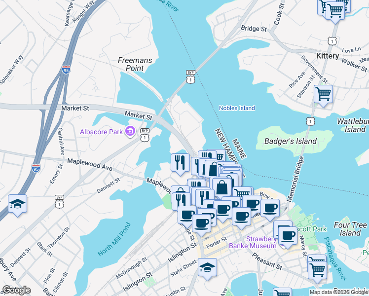 map of restaurants, bars, coffee shops, grocery stores, and more near 446 Market Street in Portsmouth
