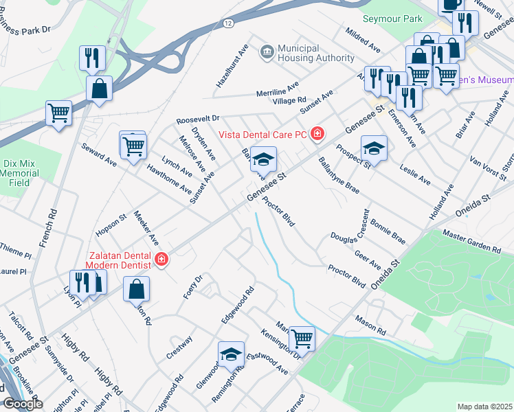 map of restaurants, bars, coffee shops, grocery stores, and more near 2303 Genesee Street in Utica