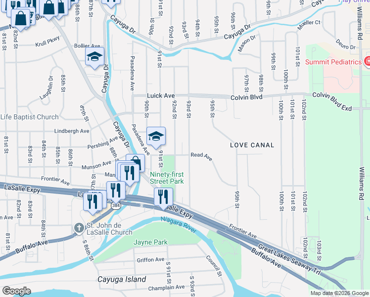 map of restaurants, bars, coffee shops, grocery stores, and more near 701 93rd Street in Niagara Falls