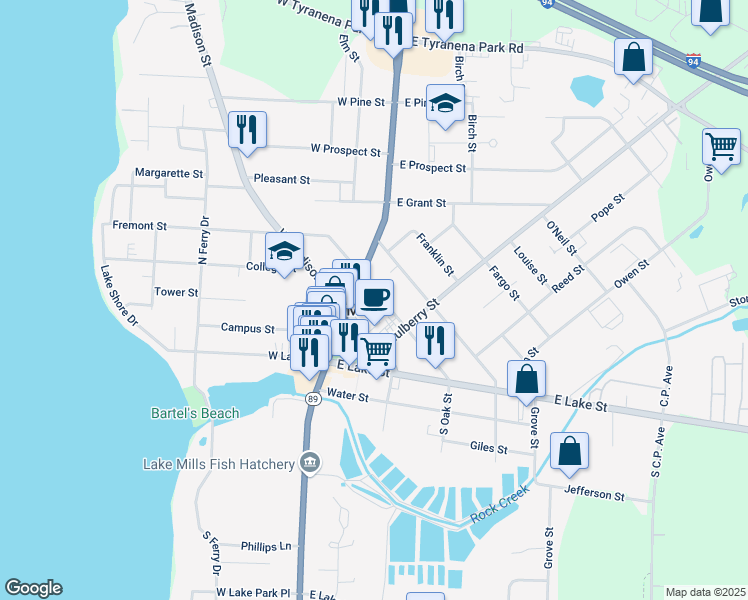 map of restaurants, bars, coffee shops, grocery stores, and more near 102 East Madison Street in Lake Mills
