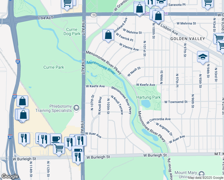map of restaurants, bars, coffee shops, grocery stores, and more near 3360 North Knoll Terrace in Wauwatosa