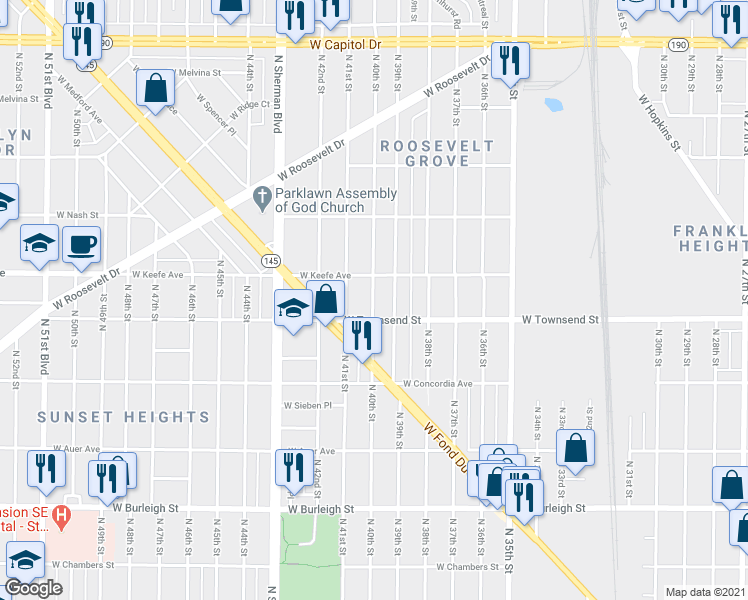 map of restaurants, bars, coffee shops, grocery stores, and more near 3426 N 40th St in Milwaukee