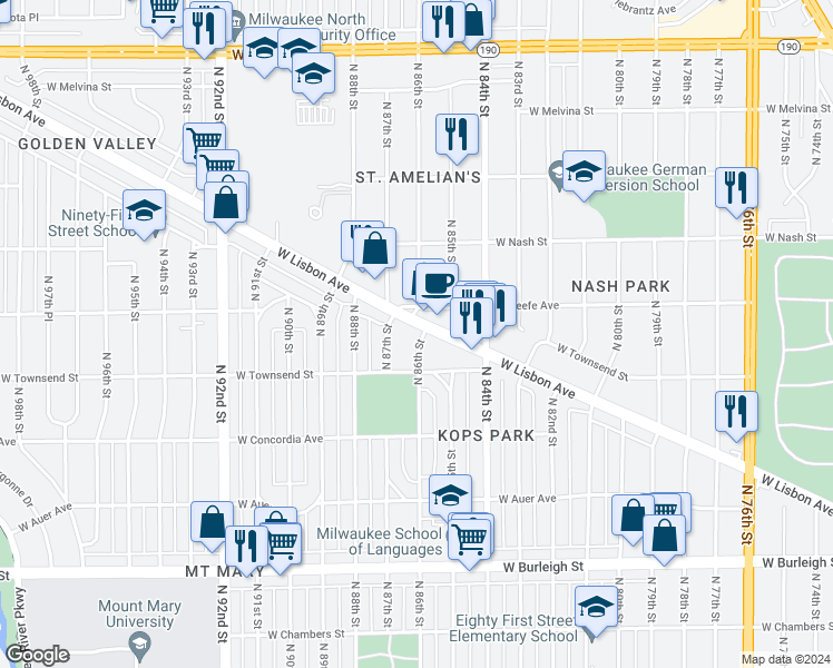 map of restaurants, bars, coffee shops, grocery stores, and more near 8601 West Lisbon Avenue in Milwaukee