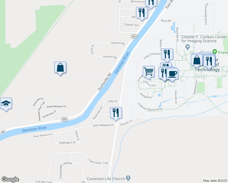 map of restaurants, bars, coffee shops, grocery stores, and more near 50 Southwick Court in Rochester