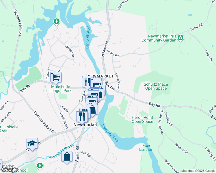 map of restaurants, bars, coffee shops, grocery stores, and more near 25 Bay Road in Newmarket