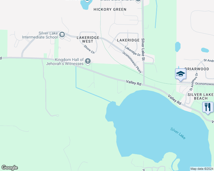 map of restaurants, bars, coffee shops, grocery stores, and more near 38045 Valley Road in Oconomowoc