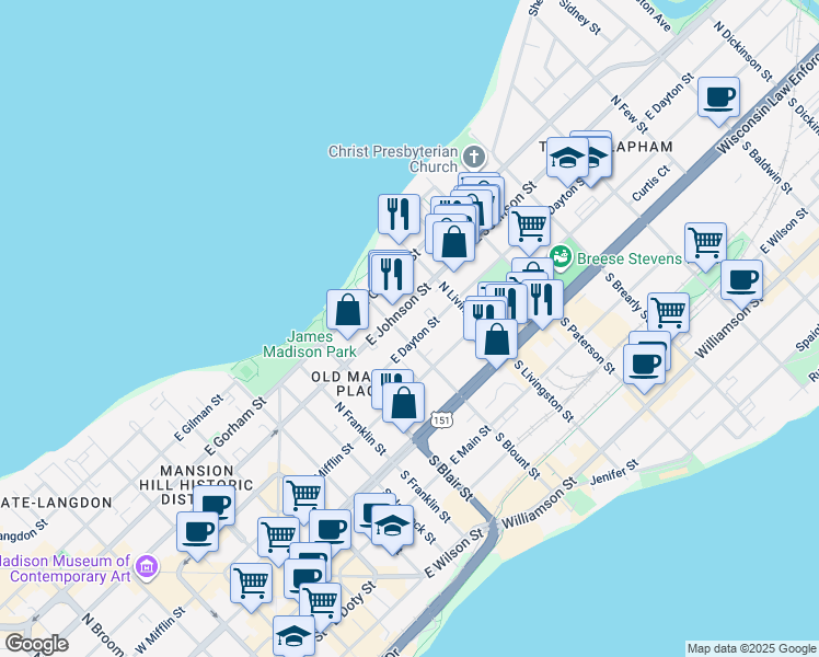 map of restaurants, bars, coffee shops, grocery stores, and more near 207 North Blount Street in Madison