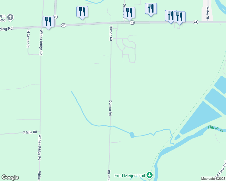 map of restaurants, bars, coffee shops, grocery stores, and more near 6500 Dumon Road in Belding