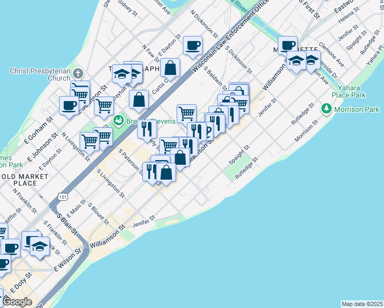 map of restaurants, bars, coffee shops, grocery stores, and more near 1038 Williamson Street in Madison