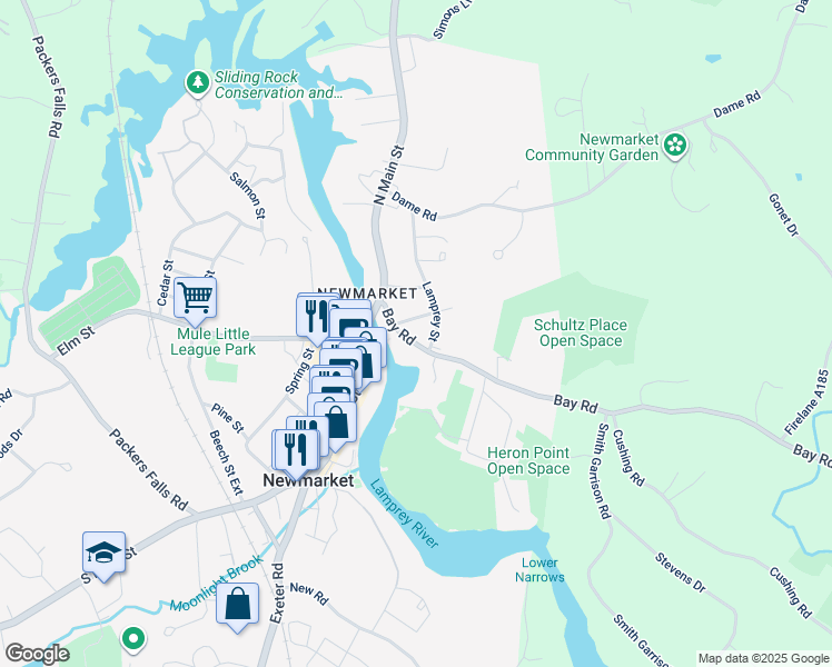 map of restaurants, bars, coffee shops, grocery stores, and more near 25 Bay Road in Newmarket
