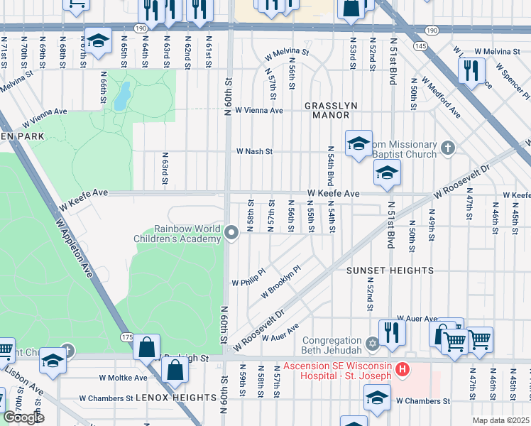 map of restaurants, bars, coffee shops, grocery stores, and more near 3428 North 58th Street in Milwaukee